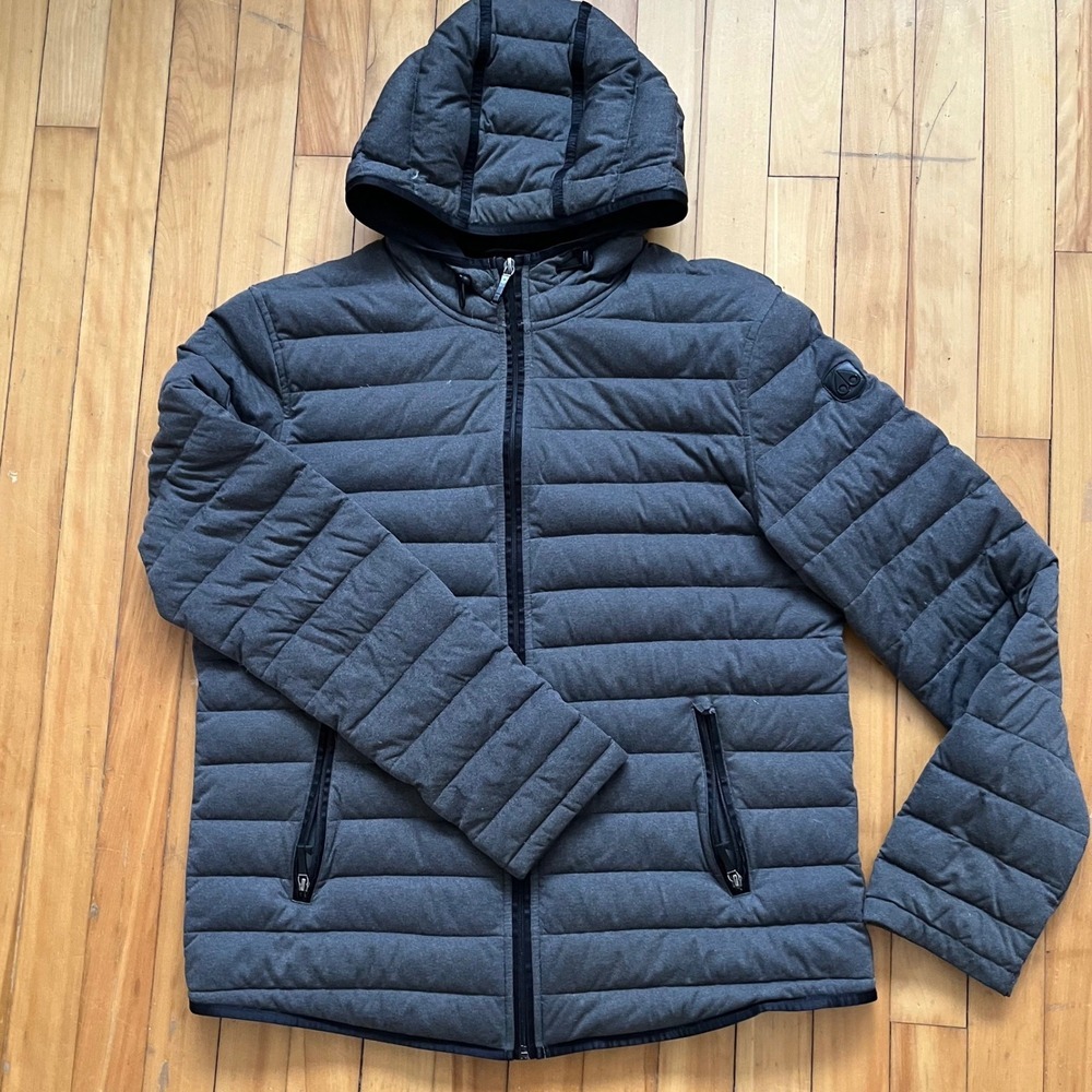 Moose Knuckles Mens XL Grey Hooded Puffer Jacket Quilted Full Zip Coat Slim fit